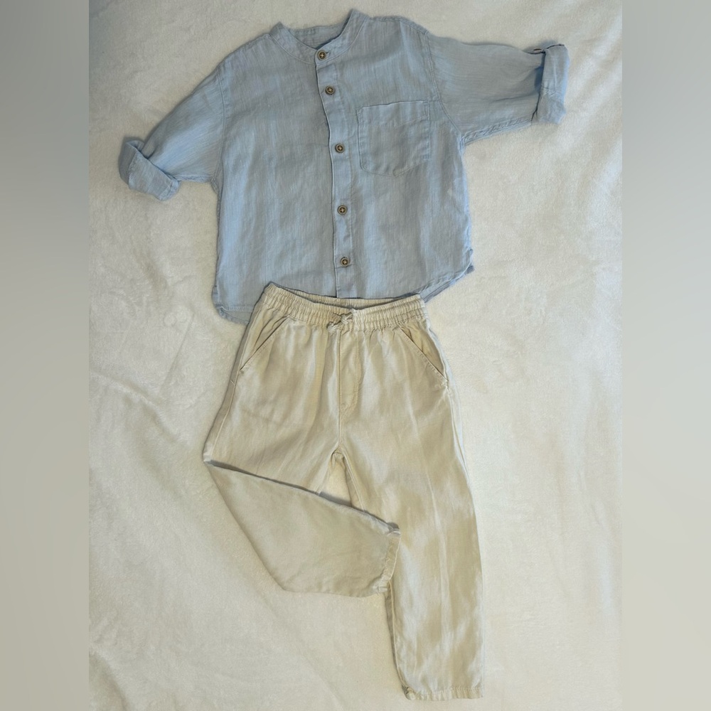 Zara Kids Stylish Linen Boy's Set (Light Blue Shirt and Beige Pants) Size: 3-4